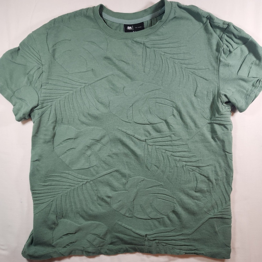 Le 31 Simons  Green Organic Cotton Tropical Raised Leaf Jacquard T-Shirt